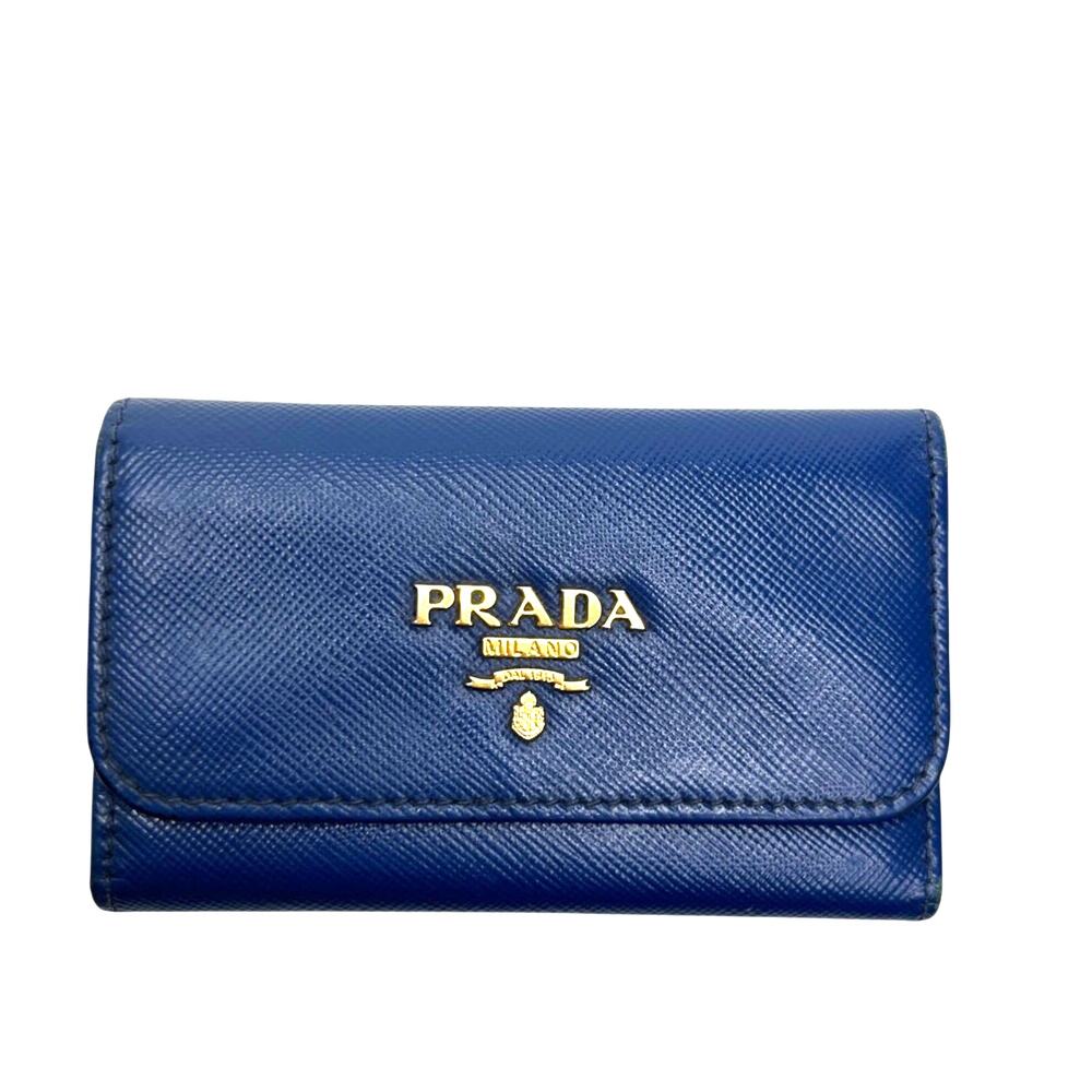 Prada Saffiano Leather 6 Key Holder Navy Blue Gold Logo Key Case